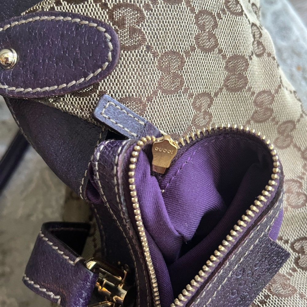 Gucci Brown Monogram Canvas Shoulder Bag with purple Leather Trim - Picture 10 of 11